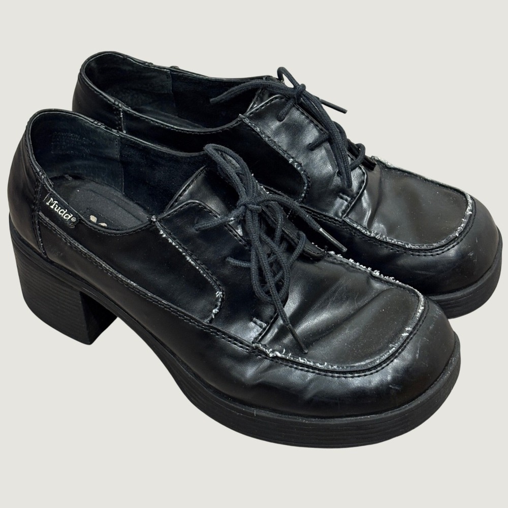 Y2L Mudd Dawson Black Platform Oxfords Chunky Block Heel Square Toe Loafers 8.5